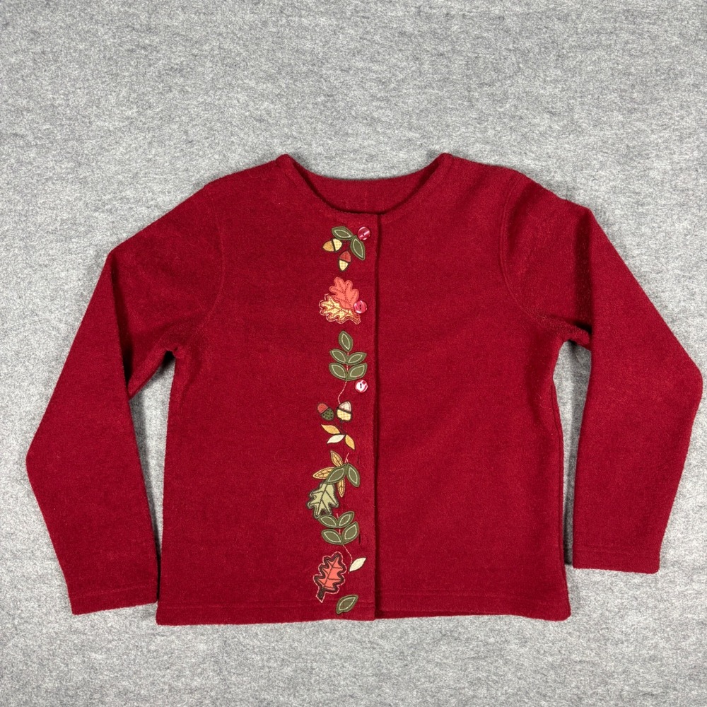 Vintage Red Fleece Cardigan Embroidered Fall Leaves Acorns Button Front Small
